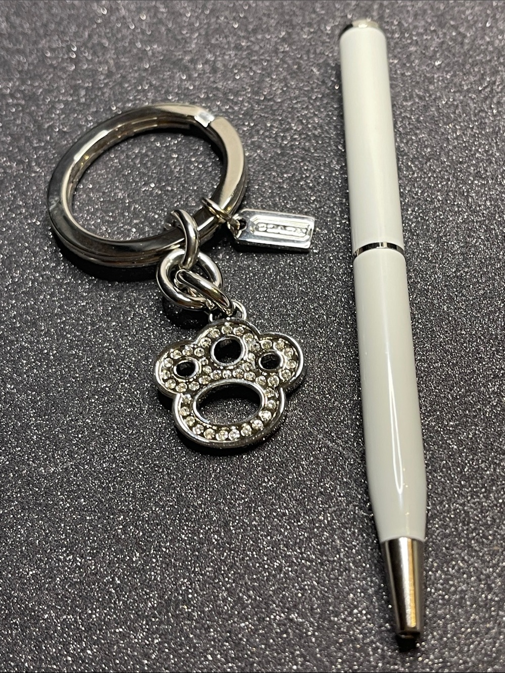 Coach Crystal Paw Print Keychain with Silver Tag and Coach Pen